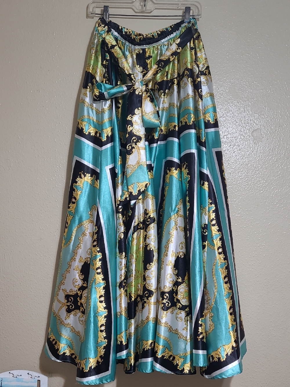 Ashley Stewart Teal, Gold & Black Baroque Print Full Flare Maxi Skirt